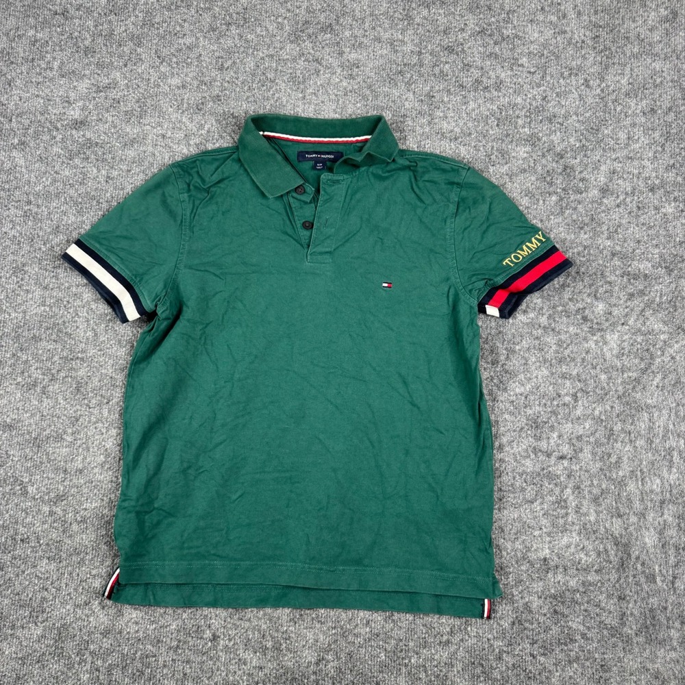 Tommy Hilfiger Polo Mens Size S Green Cotton Short Sleeve Striped Cuffs Stained